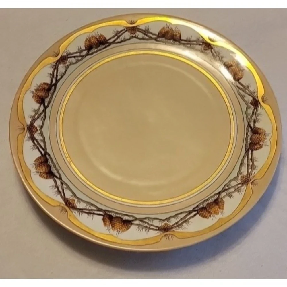 Bavaria‎ Porcelain Plate Vintage Pinecone Gold Gilt Rustic Cabin Decor Tan 15